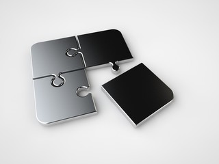 The image is not assembled puzzle, three silver and one gold puzzle the wrong item. A symbol of exclusivity, uniqueness. The image on a white background. 3D rendering.