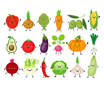 Funny cartoon set of different vegetables. Kawaii vegetables.  S