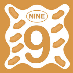 Number 9 (nine), educational card, learning counting with vegetables, mathematics. Vector illustration.