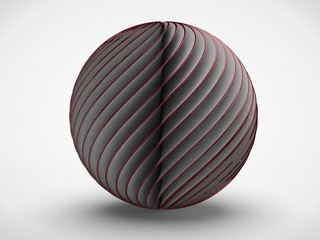 the image of a white ball consisting of many twisted disks and a red sphere in the center, red edges on a white background. 3D rendering