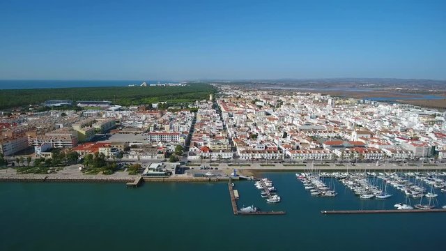 Aerial. View from the sky of the village of Vili Real Santo Antonio and the Guadiana River.