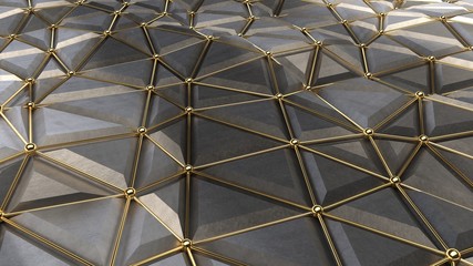 the image of the iron polygon of a triangular shape, in which the network faults silver spheres destroyed in the explosion. Abstraction, background. 3D rendering