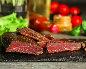 salami cheese-dried smoked sliced ​​slices (sausages) . food background