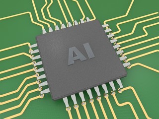 Image of CPU on a green background Board. The idea of artificial intelligence AI. 3D rendering