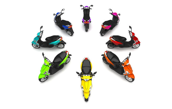 3D Render. Group of modern multicolored motor scooters stands like circle sign back to center. Isolated on white background. Top view.