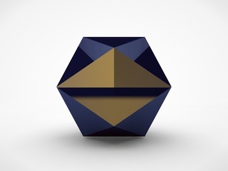 Image of a metal, a blue polyhedron with a reflective surface. A symbol of firmness and principle. 3D rendering on white background.