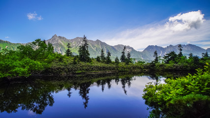 槍ヶ岳、鏡平山荘近くにある鏡池にて逆さ槍、登山、北アルプス、絶景、日本