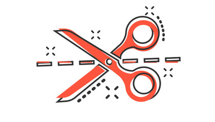 Vector cartoon scissors icon in comic style. Scissor sign illustration pictogram. Shear business splash effect concept.