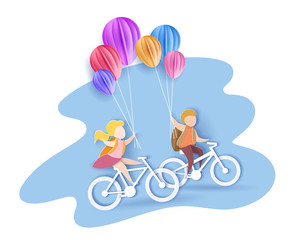 Back to school 1 september card. Children bicycling with air balloons. Paper cut style. Vector illustration