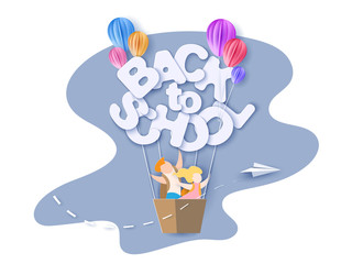 Back to school 1 september card with kids, leaves and letters shaped air balloon on blue sky background. Vector illustration. Paper cut and craft style.