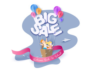 Back to school 1 september Sale with kids, leaves and letters shaped air balloon on blue sky background. Vector illustration. Paper cut and craft style.