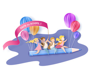 Back to school 1 september card. Children flying on pencil with air balloons. Paper cut style. Vector illustration