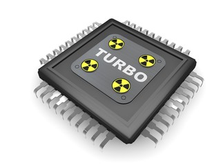 The image of black CPU, with metal contacts, four radiation sign, silver text turbo, symbol Quad core CPU, speed, strength and power. On white background, 3D rendering