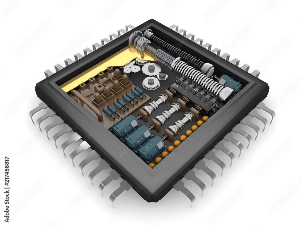 Poster the internal structure of the cpu, the reducer mechanism of gears, springs and motors, the idea mech