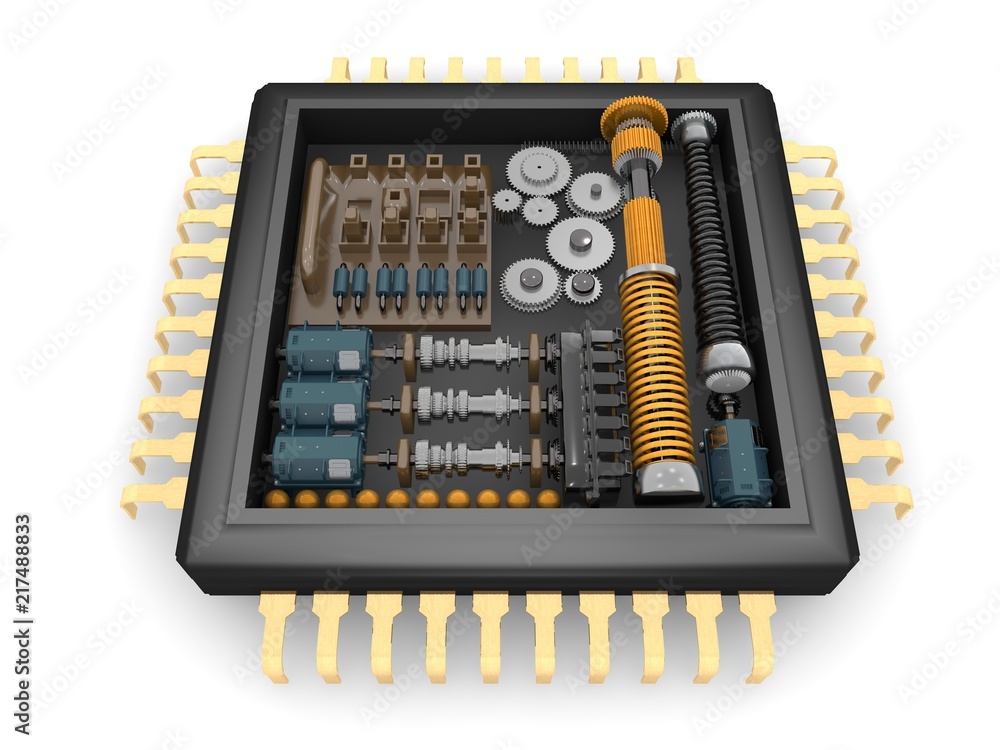 Poster the internal structure of the cpu, the reducer mechanism of gears, springs and motors, the idea of t