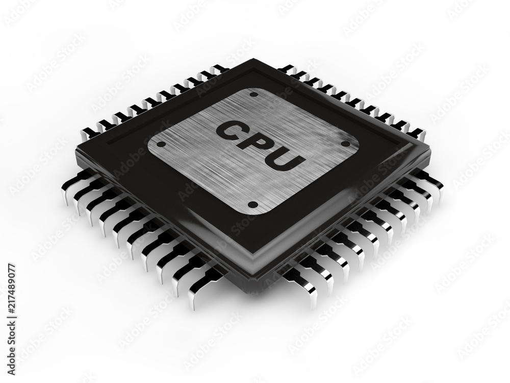 Poster black, shiny processor with a scratched metal plate and the cpu text, on a white background. 3d rend