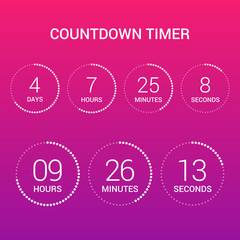 Circle countdown clock counter timer on gradient. Vector time remaining count down round indicator scoreboard of day, hour, minutes and seconds. Can be used for web page upcoming event template design