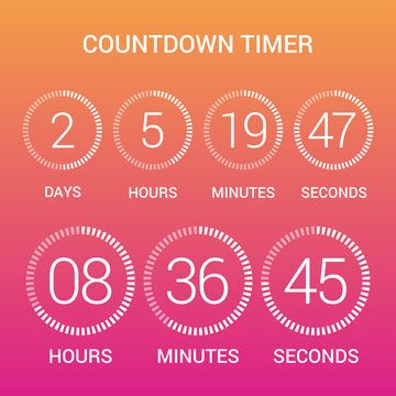 Circle countdown clock counter timer on gradient. Vector time remaining count down round indicator scoreboard of day, hour, minutes and seconds. Can be used for web page upcoming event template design