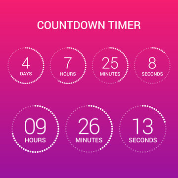 Circle countdown clock counter timer on gradient. Vector time remaining count down round indicator scoreboard of day, hour, minutes and seconds. Can be used for web page upcoming event template design