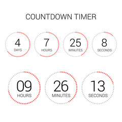 Circle countdown clock counter timer on white. Vector time remaining count down round indicator scoreboard of day, hour, minutes and seconds. Can be used for web page upcoming event template design.