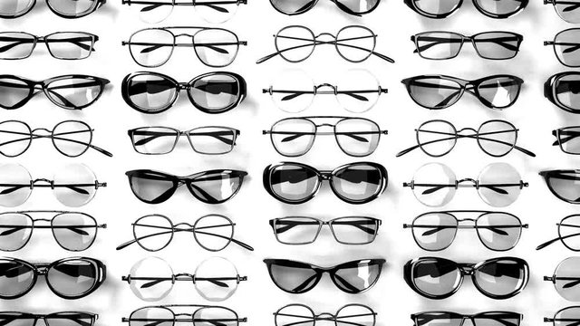 Many Black Glasses On White Background.Loop able 3DCG render Animation.