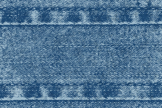Vector background of denim fabric with seams. Blue jeans cloth. Old vintage backdrop with place for your text. Grunge texture in retro style. Horizontal orientation.