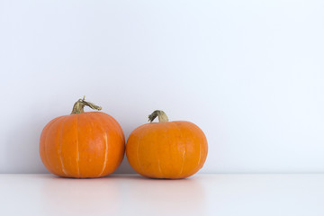 Two pumpkins on a gray background