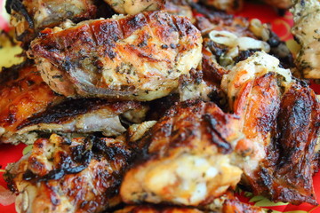 Obraz na płótnie Canvas Fresh hot shish kebab from chicken. Close-up. Background.