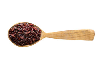 dry red barberry in wooden spoon isolated on white background. spice for cooking food, top view.
