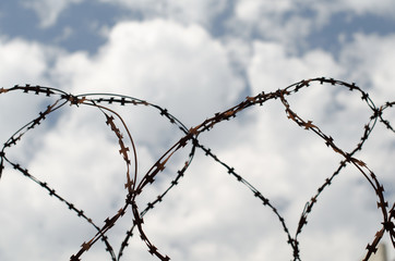 rusty barbed wire fenced against the blue sky and white clouds
