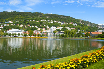 Bergen landscape with Floyen 
Mountain, colorful houses, fountain and
Lille Lungegardsvannet or...