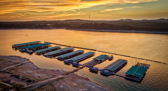 Marina On Lake Travis, Texas During Sunset 