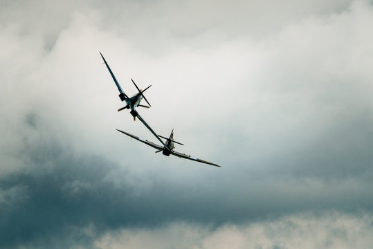 A hurricane and a spitfire during an airshow in Clacton, England