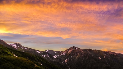 槍ヶ岳への道、双六小屋・双六池より、夕日、登山、北アルプス、絶景、日本