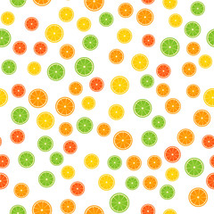 Colorful citrus seamless pattern. Slices of orange, lime, lemon, grapefruit isolated on white. Fresh juicy fruits vector illustration in flat style.