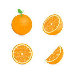 Set of four fresh oranges different views (whole, half, slice, cone) with green leaf.  Natural organic fruits isolated on white. 3d realistic orange vector illustration.