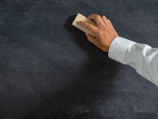 Hand holding brush eraser and blackboard , Concept education and school.