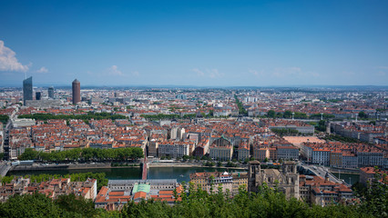 Lyon cityscape panorama from Part-dieu financial district to Bellecour square
