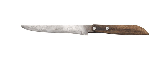 Old steel kitchen knife isolated on white background.