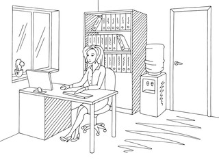 Office room graphic black white interior sketch illustration vector. Woman working