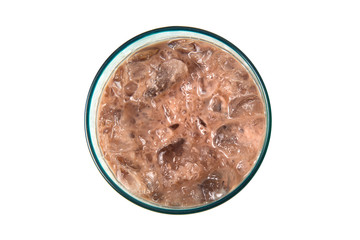 Topview of ice cocoa glass isolated on white background.