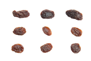 Topview of raisins isolated on white background.