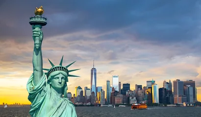 No drill light filtering roller blinds Statue of liberty New York City Manhattan downtown skyline