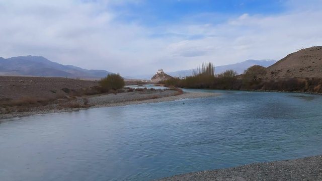 Aerial drone footage of Stakna above Indus river in the Indian Himalaya,it is a famous Buddhist temple in,Leh, Ladakh, Jammu and Kashmir, India.