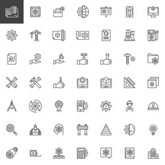 Engineering elements outline icons set. linear style symbols collection, line signs pack vector graphics. Set includes icons as Plan, Cpu, Toolbox, Presentation, Settings, Crane, Blueprint, Skyscraper