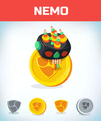 nemo in korean hat. nemo. Digital currency. Crypto currency. Money and finance symbol. Miner bit coin criptocurrency. Virtual money concept. Cartoon Vector illustration