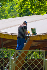 worker repairs the roof in the park