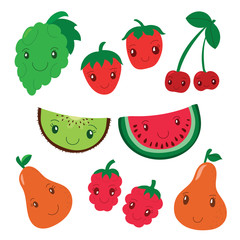 Fruit and berry collection. Vector cartoon smiling characters. Colorful cute set. Fresh healthy food. Vegan menu