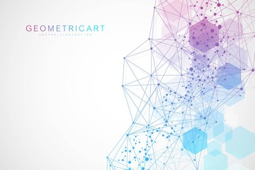 Modern futuristic background of the scientific hexagonal pattern. Virtual abstract background with particle, molecule structure for medical, technology, chemistry, science. Wave flow.