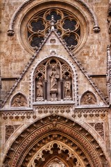 Decorative and architectural elements of the facade of a cathedral in Zagreb, Croatia